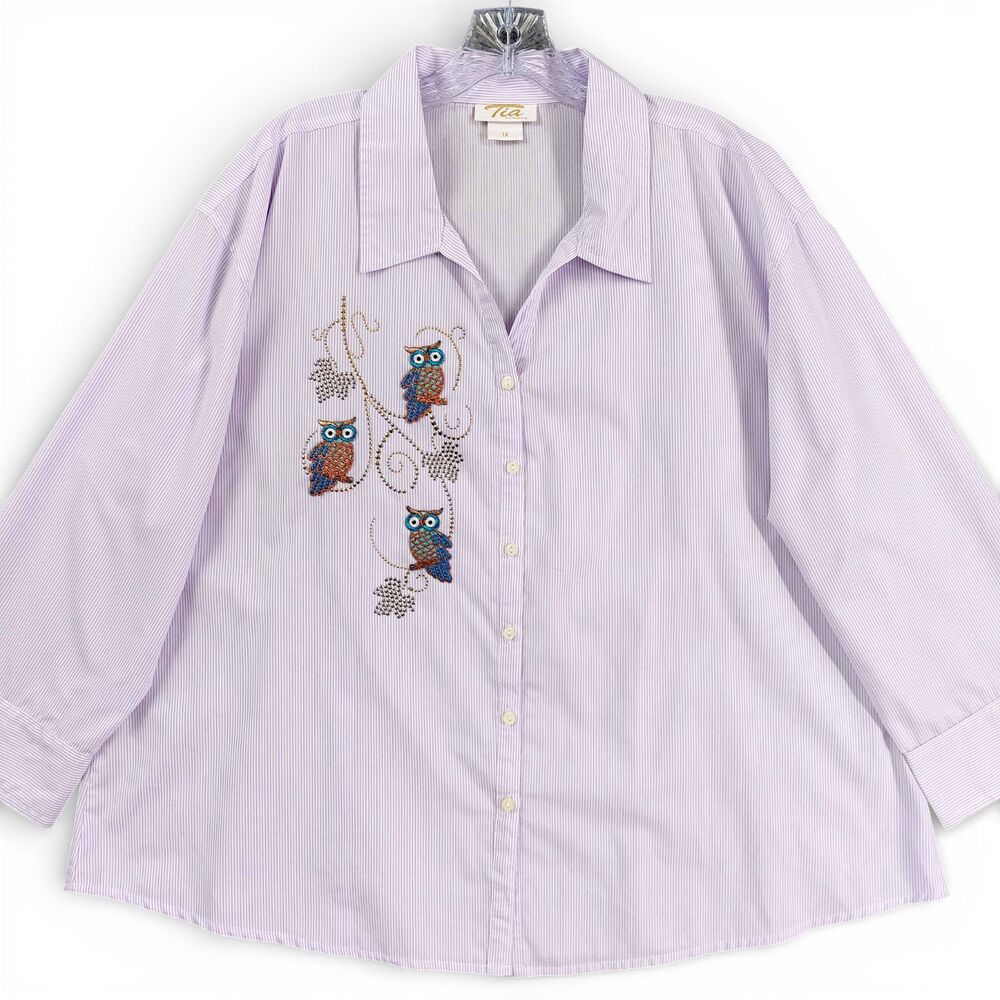 Tia Designs 1X Lavender Stripe Button Up Owl Embroidered Blouse Y2K Cottagecore